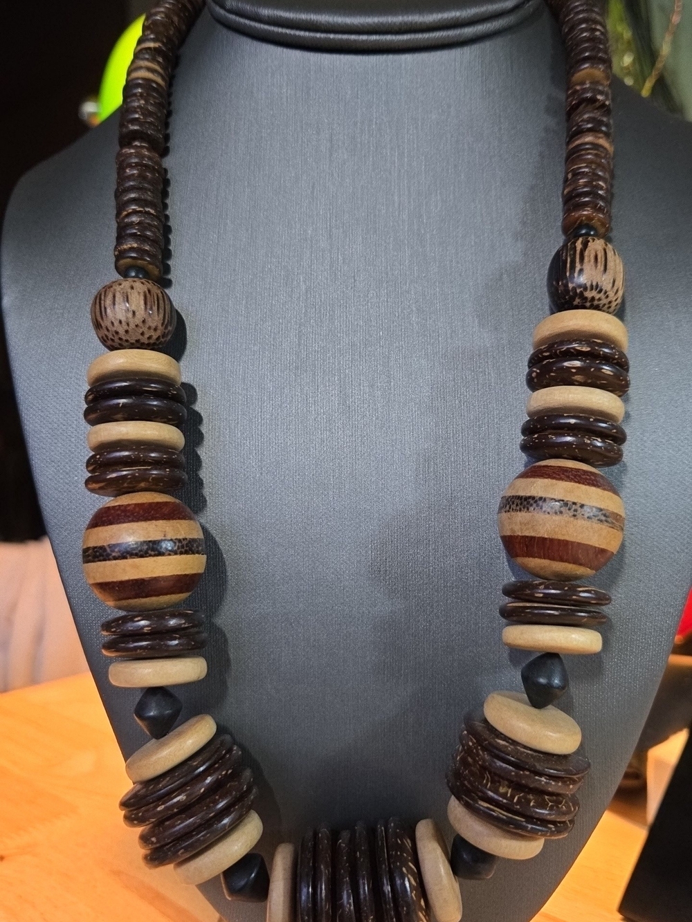Handcrafted Wooden Bead Statement Necklace - Brown & Natural